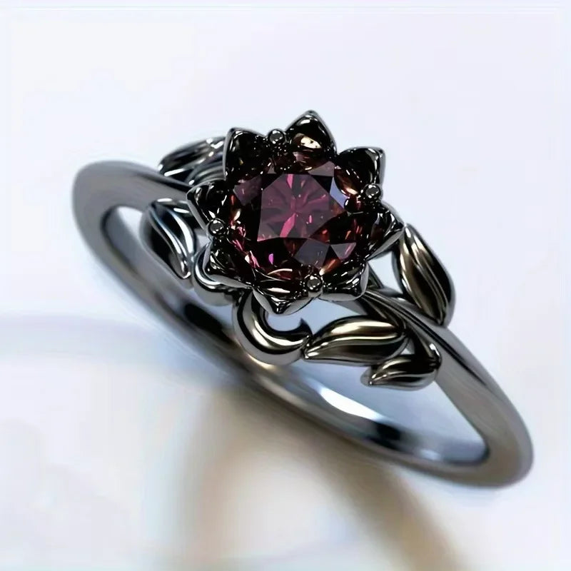 LATS Black Color Flower Red Stone Rings for Women Charm Jewelry Accessories Rose Ring Party Gift - Clikcy