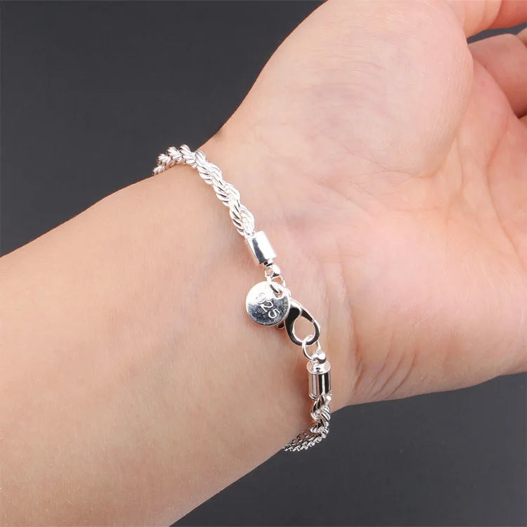 New High quality 925 Sterling Silver 4MM Women Men chain Male Twisted Rope Bracelets Fashion Silver Jewelry - Clikcy