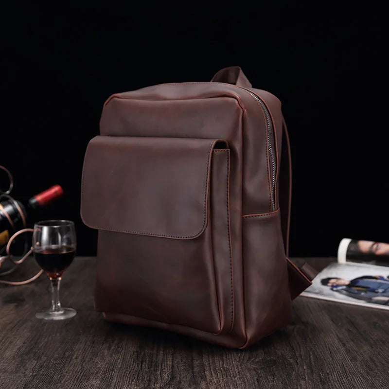 Retro Fashion Laptop Backpack Men Korean Style Flap Men's Backpacks High Quality PU Leather Travel Back Bag Student Schoolbags - Clikcy