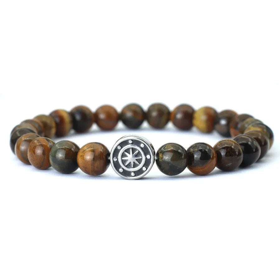 Simple Style Genuine Natural Stone Bracelet For Men Viking Pirate Compass Braclet Tiger Eyes Strand Braslet Leisure Accessories - Clikcy