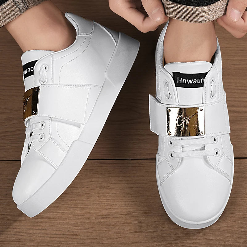 HKDQ Classic Black Sneakers For Men Fashion Design Leather Casual Sneakers Man Street Style Comfortable Men's Skateboard Shoes