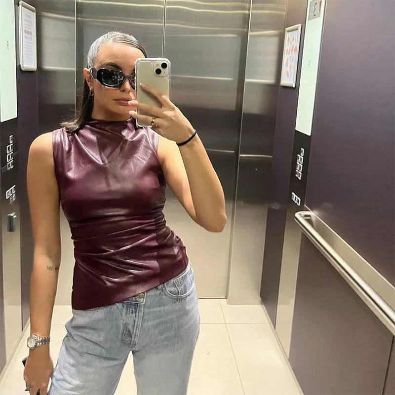 Women Y2K Vintage Pu Simple Basic Tank Top High Waist Skinny Shrunk Slash Cut Sleeveless Tops Versatile Noble Shirts - Clikcy