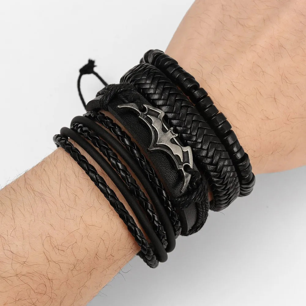 4Pcs/set Leather Beaded Black Bat Bracelet Charming Men's Bracelet New Fashion Hip Hop Punk Accessories Jewelry Gift Wholesale - Clikcy