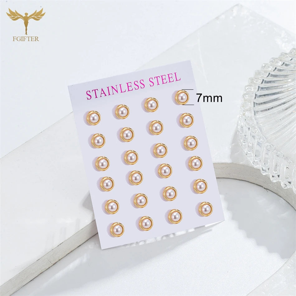 12 Pair Round Pearl Earrings for Women Girl Simple Ear Piercing Jewelry Golden Stainless Steel Stud Earrings Set Fashion Jewelry - Clikcy
