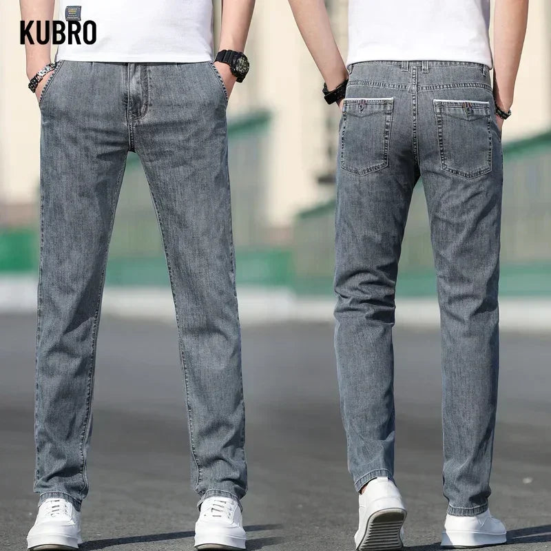 KUBRO 2024 Summer New Men's Loose Stretch Gray Jeans Fashion Casual Stretch Straight-leg Denim Pants Male Light Blue Brand - Clikcy