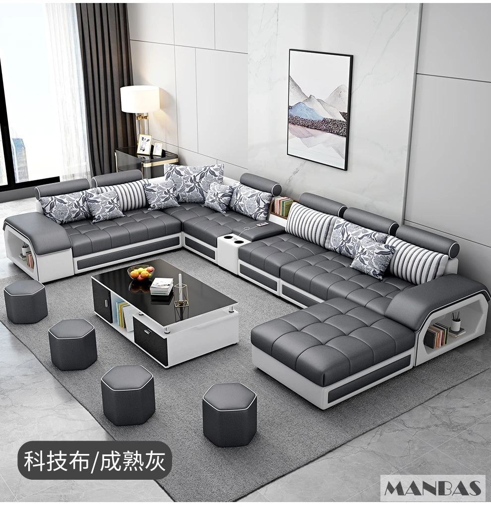 Linlamim Fabric Sofa Set Furniture Living Room Sofa Set with USB and Stools / Big U Shape Cloth Couch Sofas for Home Furniture - Clikcy