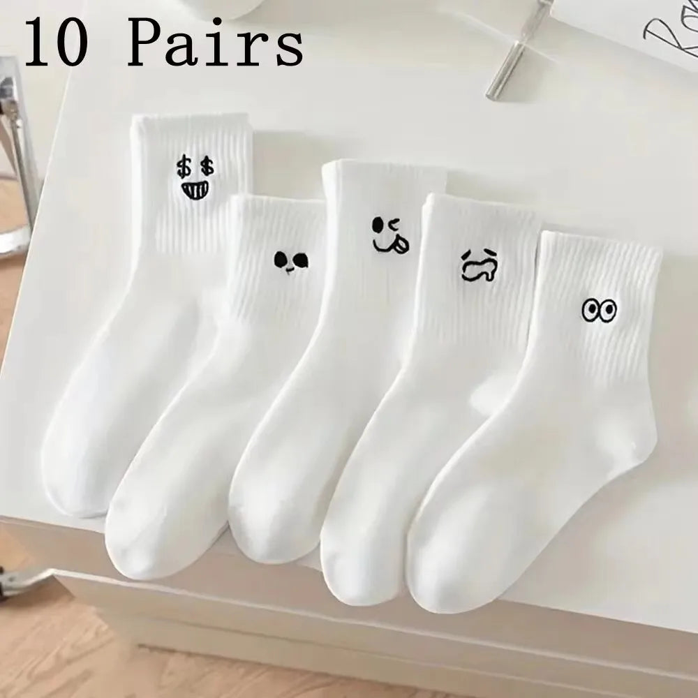 5/10/20 Pairs Men White Cartoon Socks Trendy Versatile Expression Socks With Simple Soft Breathable Comfortable Casual Socks - Clikcy