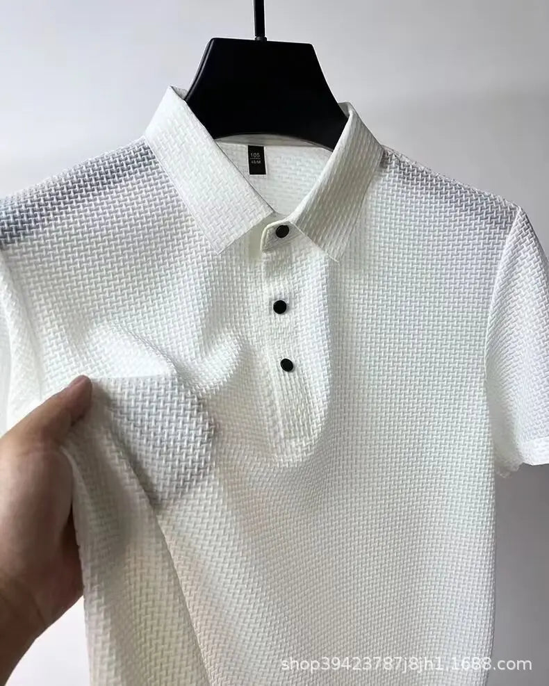 New style ice silk jacquard polo shirt short sleeve summer men's t-shirt casual business fashion stand collar t-shirt men - Clikcy