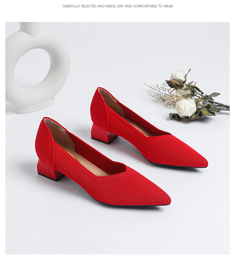 Women's large high-heeled shoes Multicolor pointy knit breathable comfortable anti-skid rubber sole work shoes 2023 new autumn