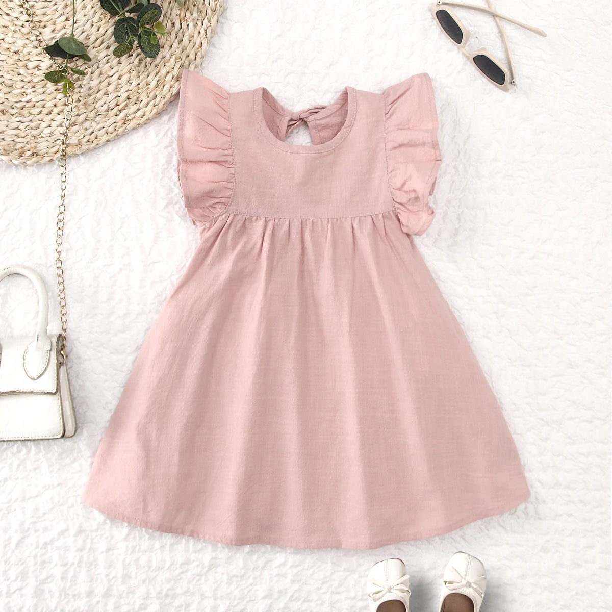 Toddler girls dresses kid's summer wear Pure color puffy sleeves girl dress back collar tie princess dress - Clikcy