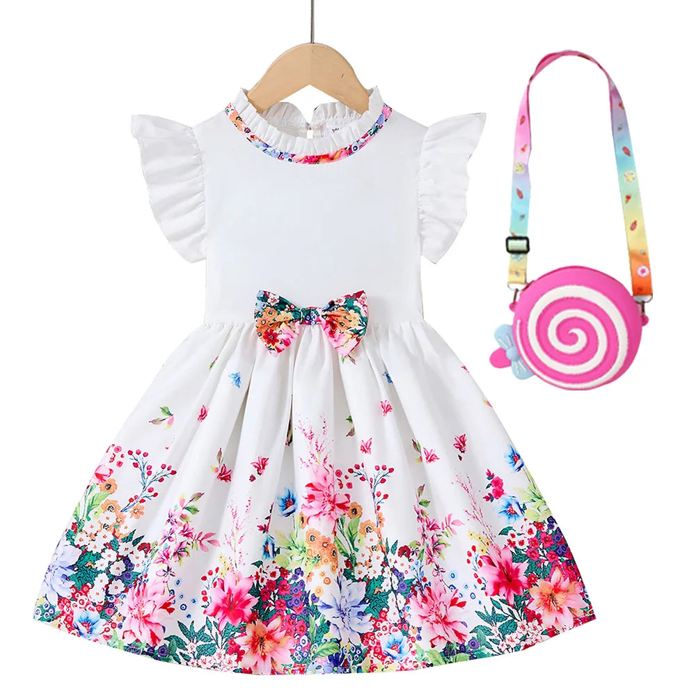 New Kids Girl Dress Summer Floral with Bow Fashion White Vestidos Short Sleeve Children Clothing Outfits Casual Daily Dresses - Clikcy