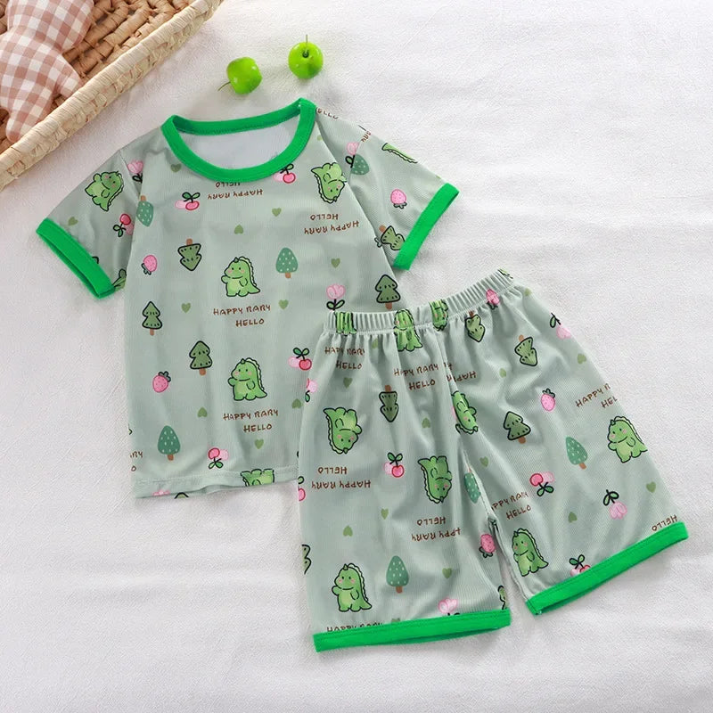 2024 New Boys Girls Summer Thin Clothing Sets Kids Cute Cartoon Print Short Sleeve T-Shirt Tops with Shorts Toddler Baby Pajamas - Clikcy