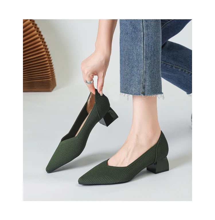 Women's large high-heeled shoes Multicolor pointy knit breathable comfortable anti-skid rubber sole work shoes 2023 new autumn - Clikcy