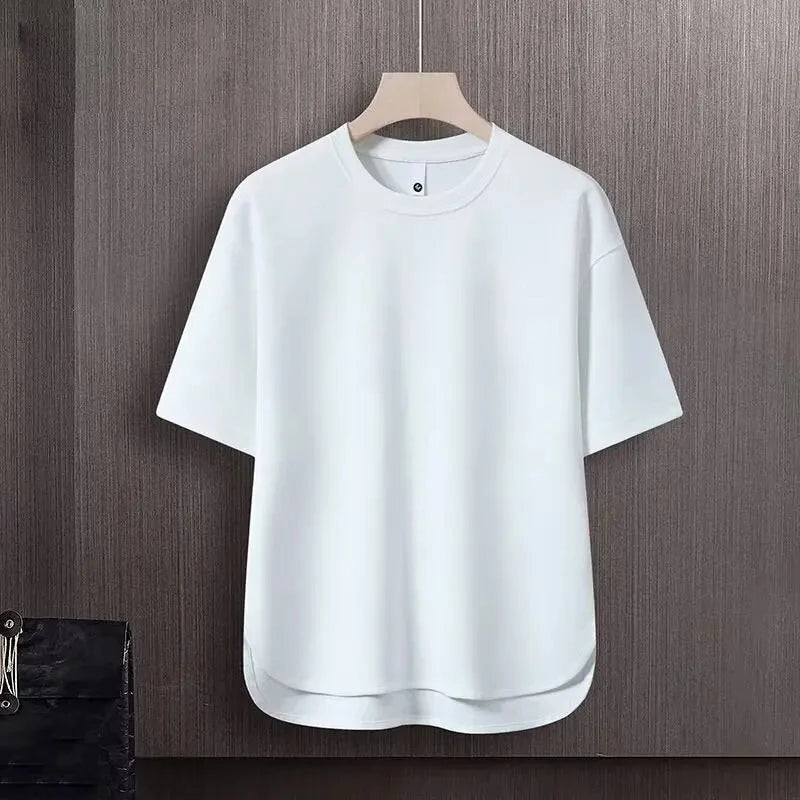 Men's Two-piece Breathable T-shirt Suit Round Hem Short-sleeved Trousers Loose Suit Monochrome Summer Trend - Clikcy