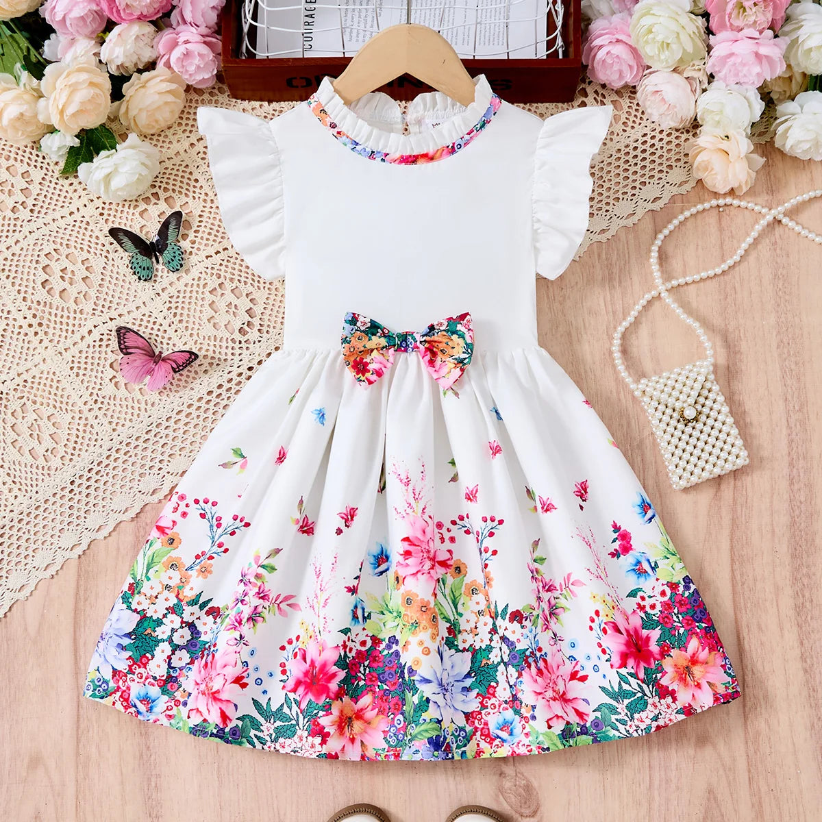 New Kids Girl Dress Summer Floral with Bow Fashion White Vestidos Short Sleeve Children Clothing Outfits Casual Daily Dresses - Clikcy