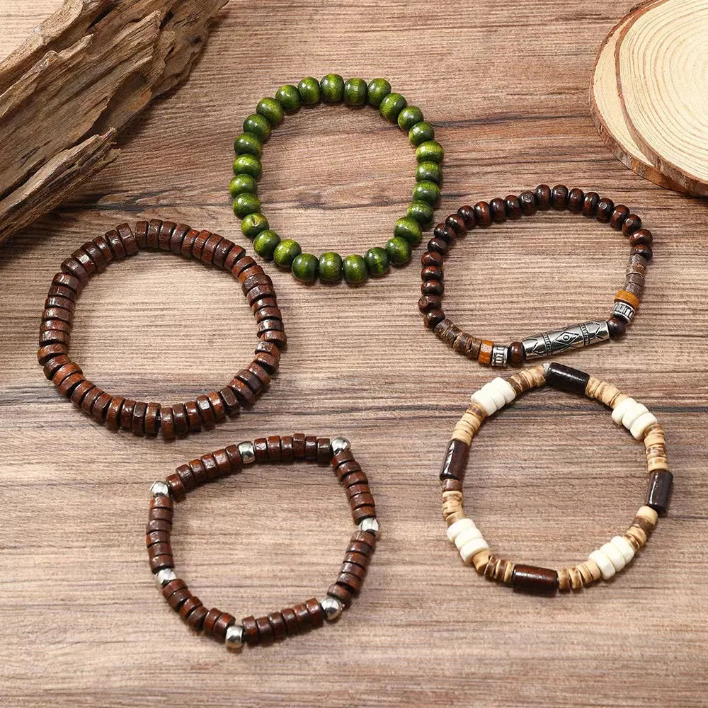Cross Life Tree 5Pcs/set Vintage Bronze Ethnic Casual Wood Beads Feather Charm Leather Women Bracelets Men Male Jewelry - Clikcy