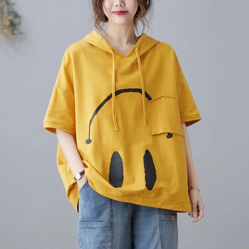 2024 New Summer Fashion Edition Fresh and Age Reducing Loose Casual Oversized Printed Hooded Short Sleeved Women's Hoodie - Clikcy