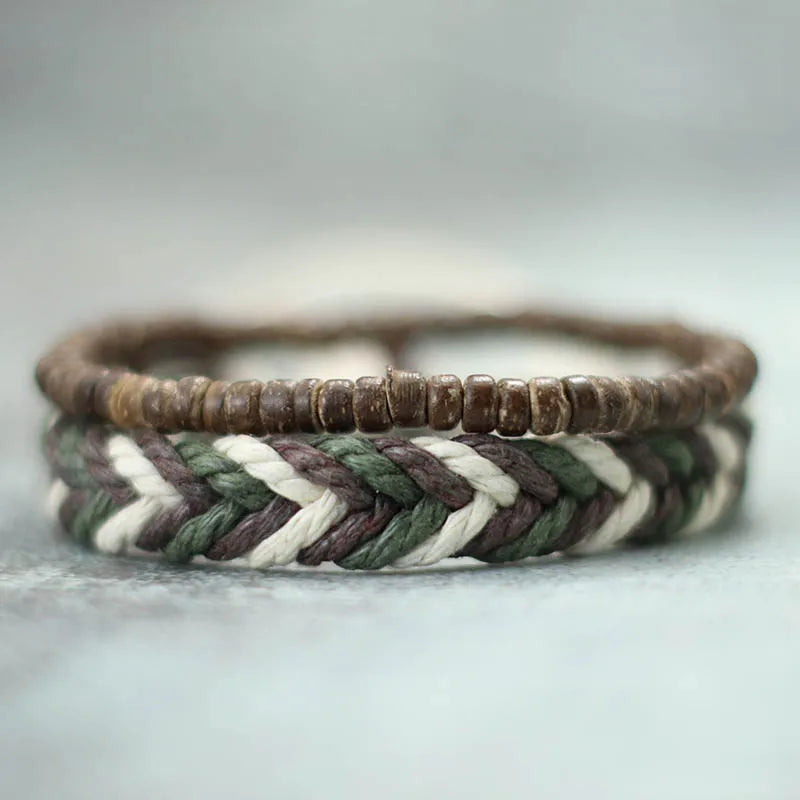 New 2Pcs Natural Coconut Husk Wood Bracelet Set For Men Lava Tiger Eyes Stone Beaded Brazalete Homme Handmade Rope Braslet Joias - Clikcy