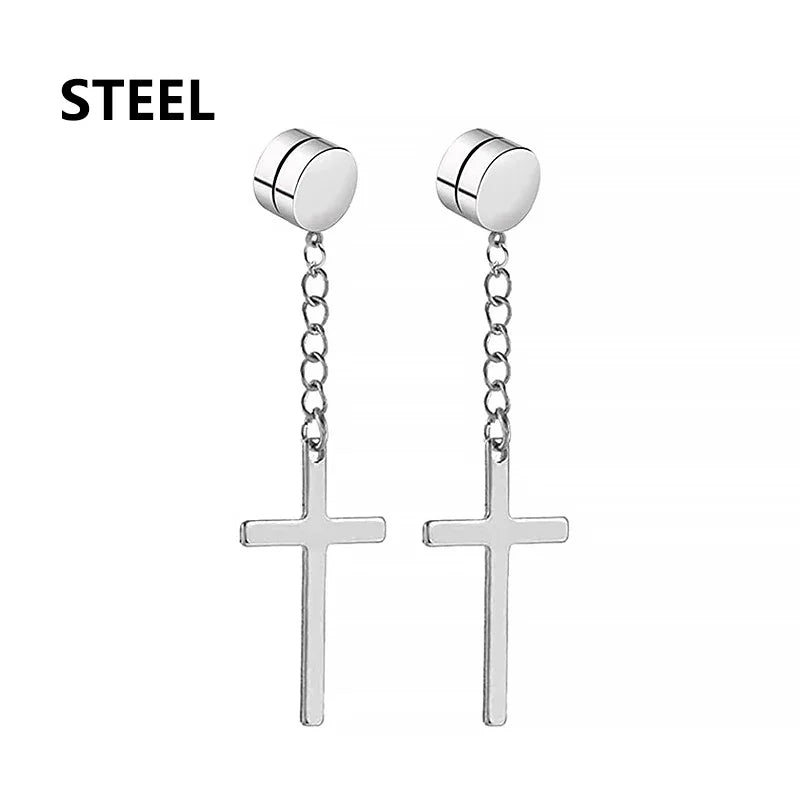 2pc Stainless Steel Men Cross Stars Punk Dangle Earrings Gothic Woman Cross Ear Hoop Earrings Huggies Pendant Piercing Jewelry - Clikcy