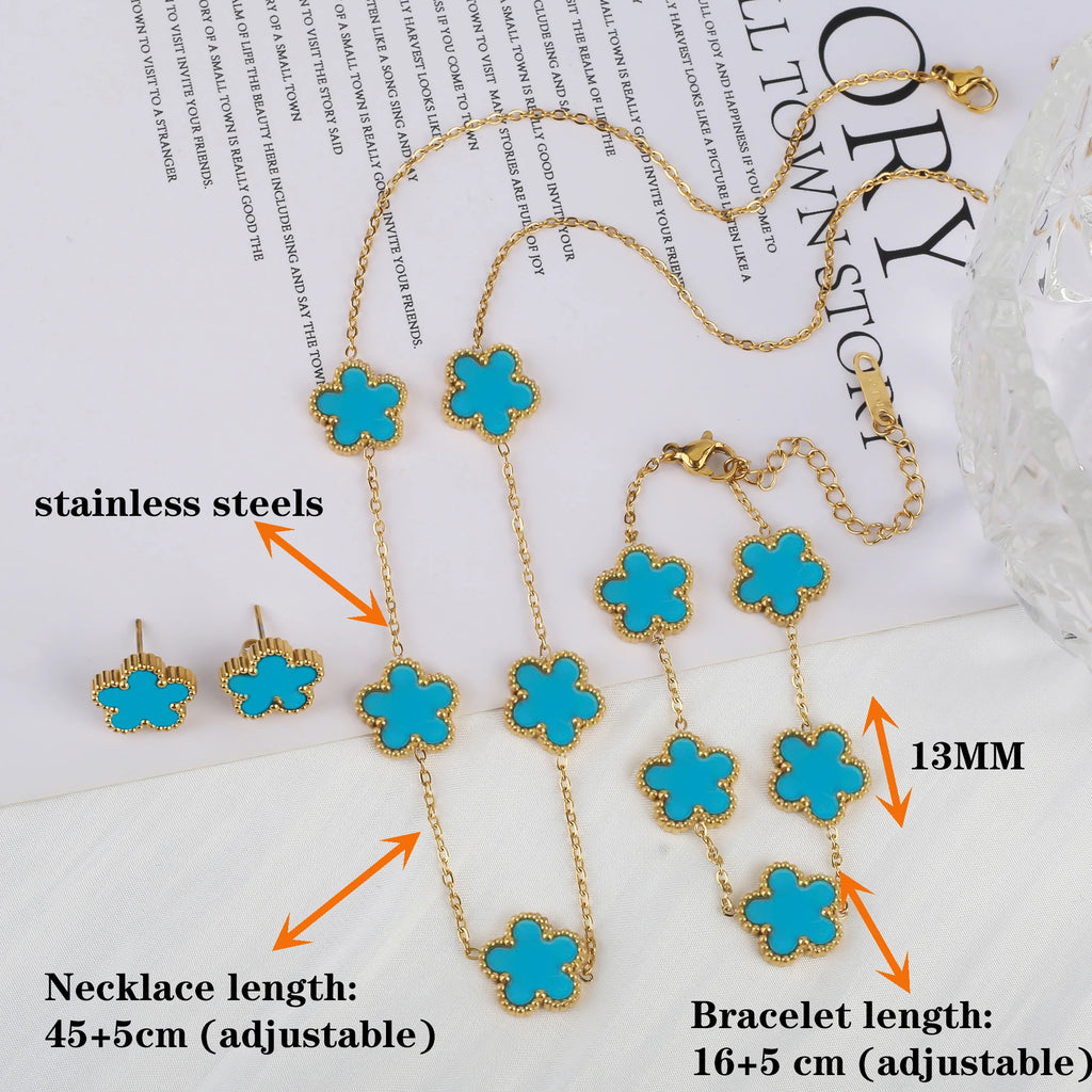 3Pcs 18k Gold-Plated Five-Leaf Flower Necklace Earrings Bracelet Jewelry Set For Woman Fashion Party Jewelry Daily Wear Clover - Clikcy