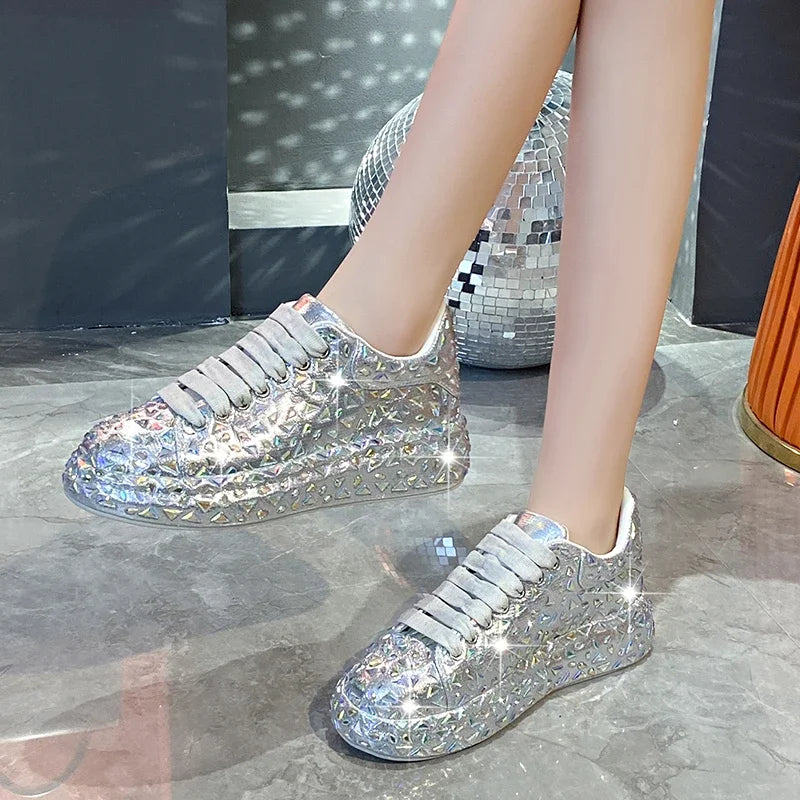 2025 Autumn Leather Women Shoes New Style Fashion Platform Shoes Ins Platforms Sneakers Tide Shine Bling Rhinestone Shoes - Clikcy