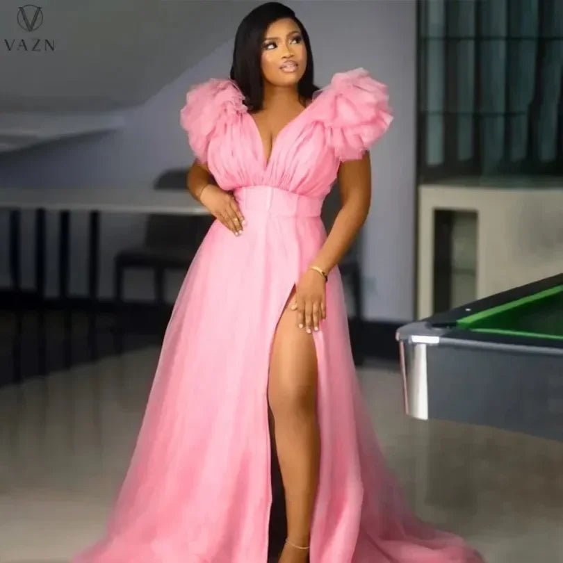 Customized Puff Mesh Short Sleeves Women Party Dress Plus Size 5XL Side Split Deep V Neck Sexy Club Dresses 2025 Charming Birthd - Clikcy