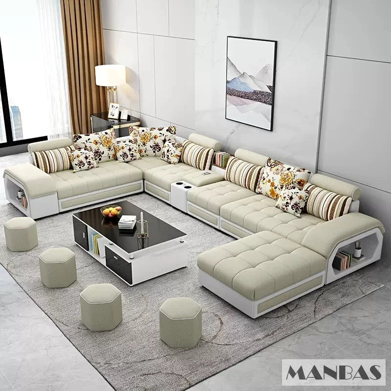 Linlamim Fabric Sofa Set Furniture Living Room Sofa Set with USB and Stools / Big U Shape Cloth Couch Sofas for Home Furniture - Clikcy