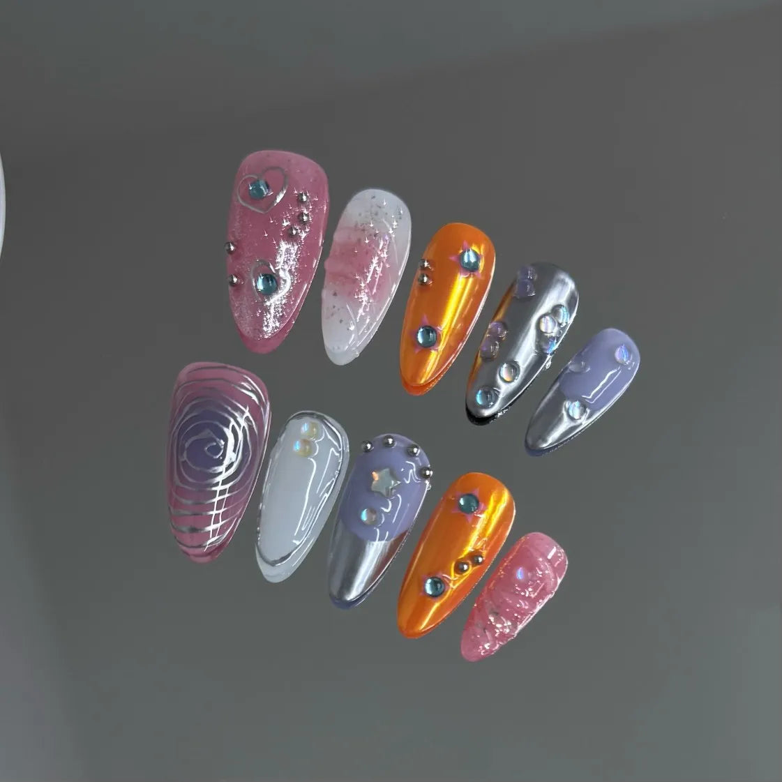 10pcs Handmade Press on Nails Sweet Cool Aurora Butterfly Star Fake Nail Tips Wearable Summer Spice Girls Almond False Nails - Clikcy