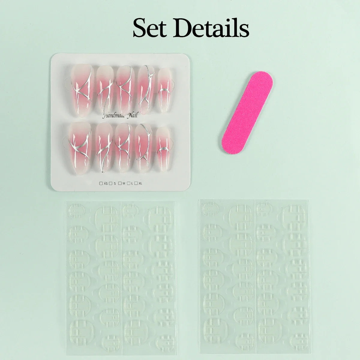 10pcs Handmade Long Press on Nails  Pink Gradient Glossy Blush 3D Silver Cord Art Design Jelly Glue&Nail File,Reusable Fake Nail - Clikcy