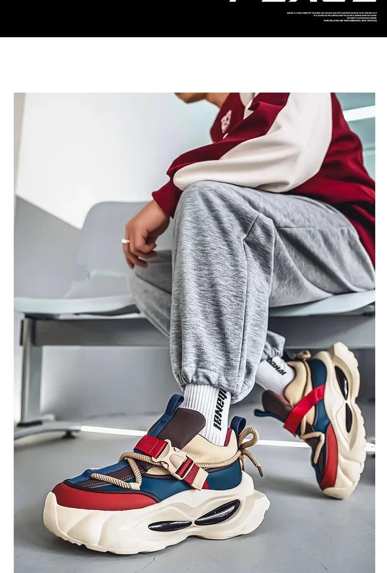 Waterproof Thick Bottom Dad Shoes Outdoor Sports Black Leather Surface Pure Color Spring Autumn Seasonal Style Casual Sneakers