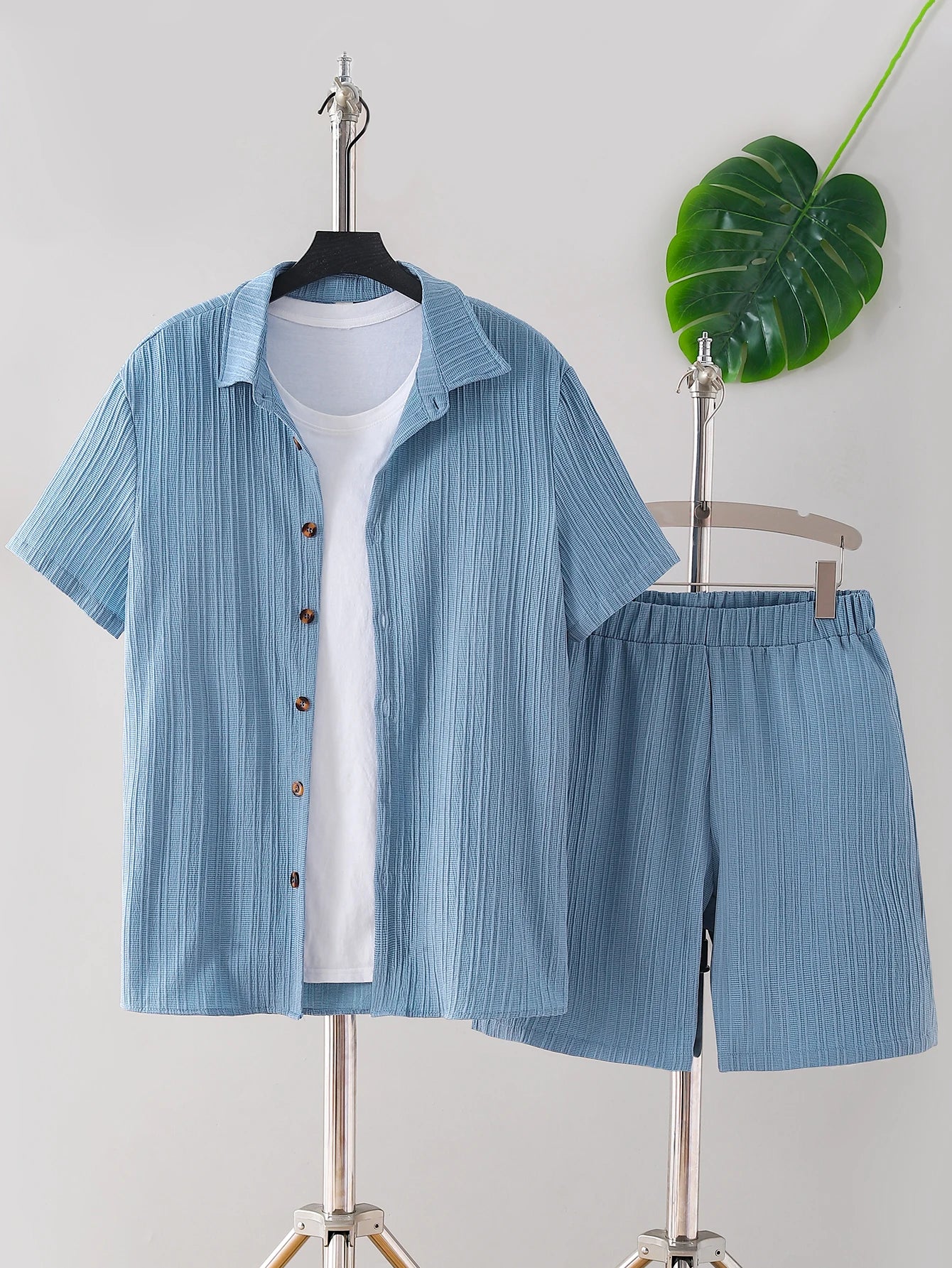 New adult summer open chest button short sleeved+loose shorts casual outfit - Clikcy