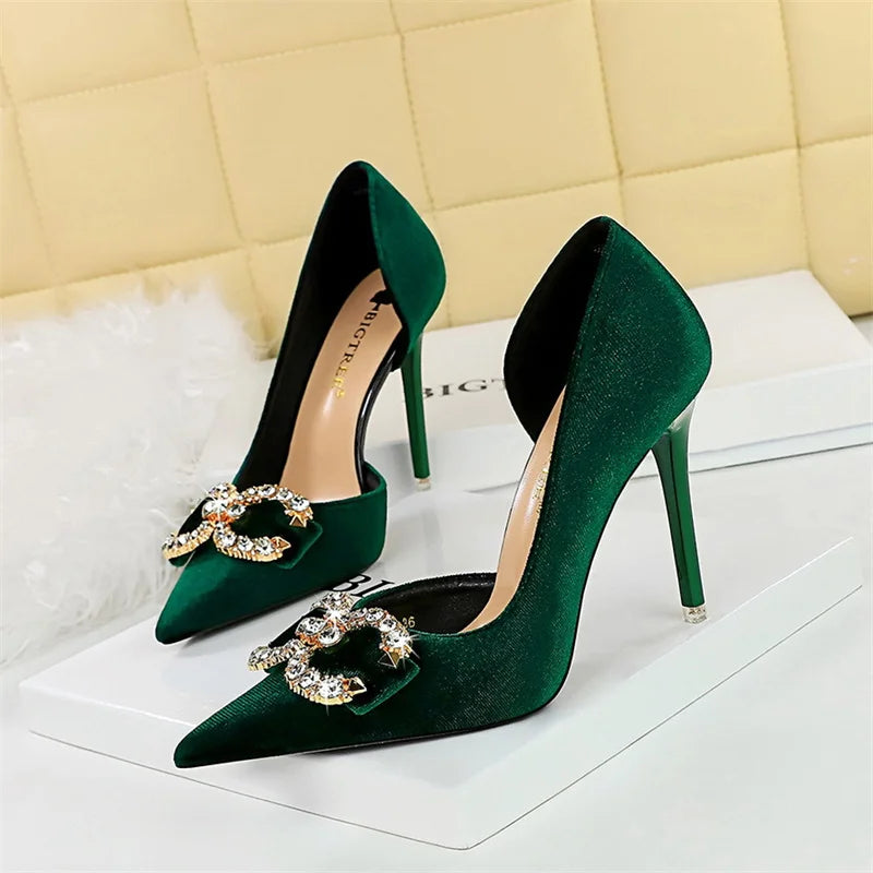 Fashion Women High Heel Rhinestone Buckle Bow Green Pink Pointed Toe Party Pumps Velvet Luxury Elegant Wedding Evening Shoes - Clikcy