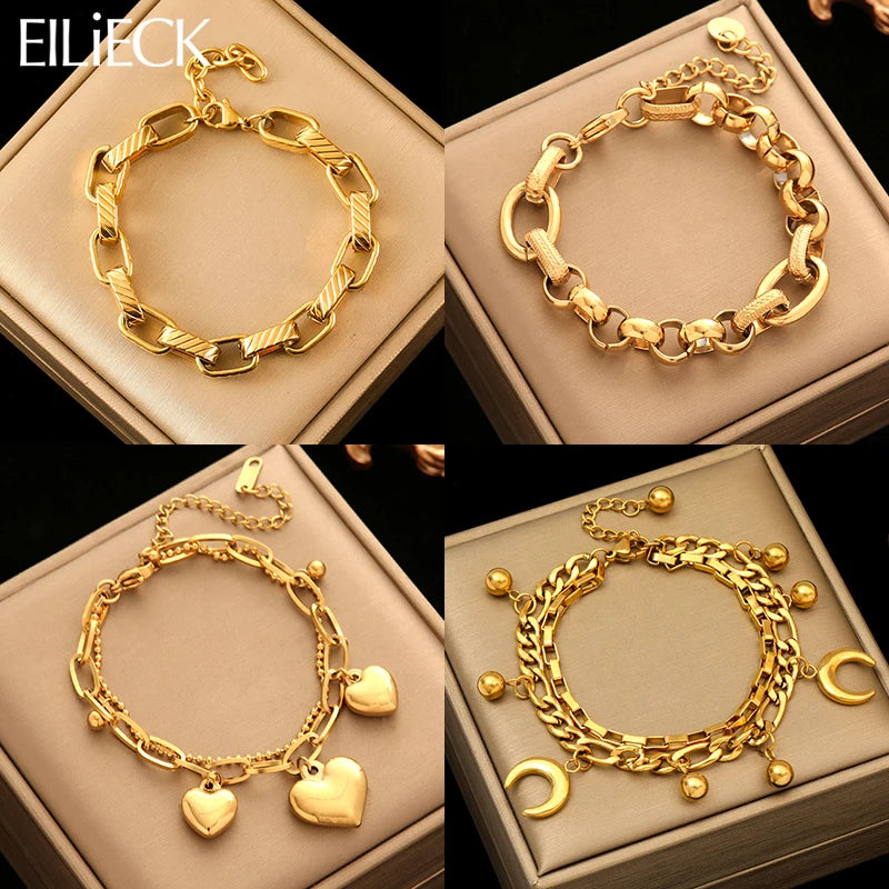 EILIECK 316L Stainless Steel Gold Color Bangles Bracelet For Women New Trendy Wrist Chain Waterproof Jewelry Gift Party Bijoux - Clikcy
