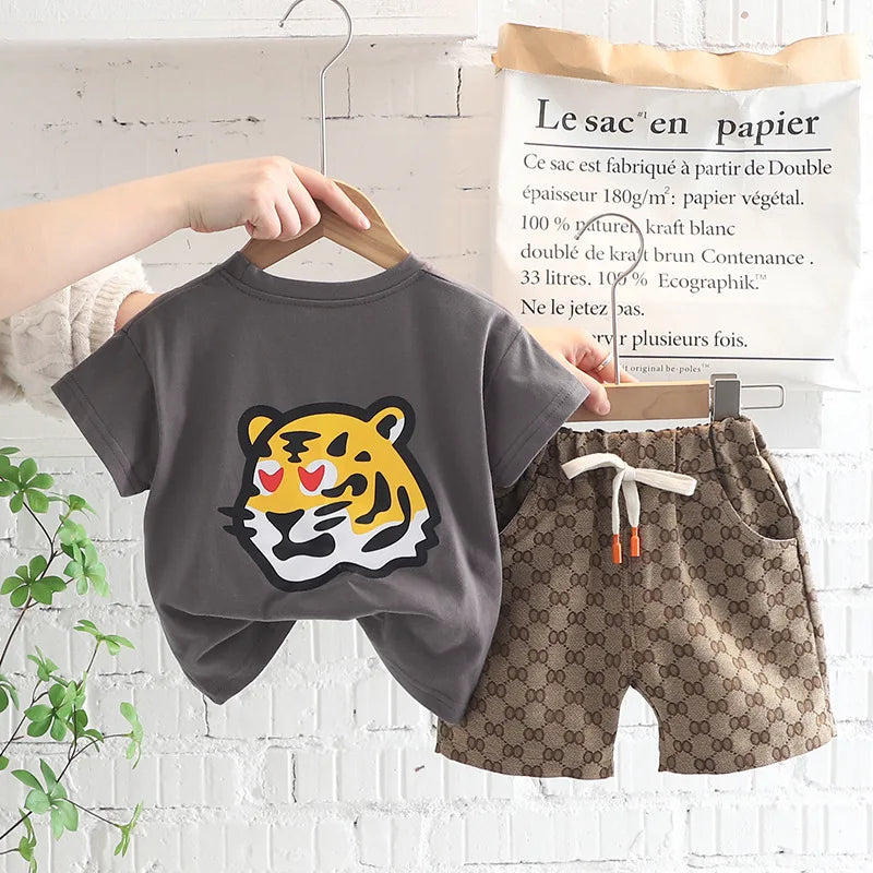 1 2 3 4 5 Years Summer Boys Clothing Set Tiger Pattern T-shirt + Grid Design Shorts 2Pcs Suit For Kids Casual Children Outfit - Clikcy