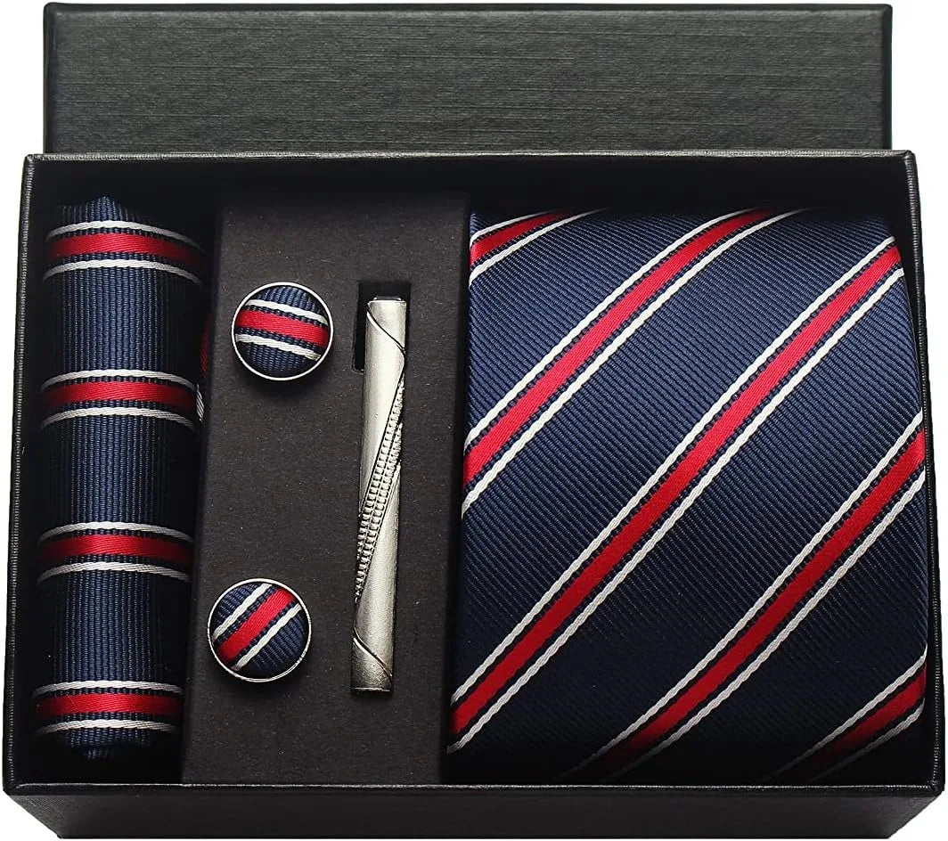 Classic 100% Silk Men's Ties In Gift box 8cm Plaid Dot Striped Business Necktie Handkerchief Cufflinks Wedding Party Tie Set