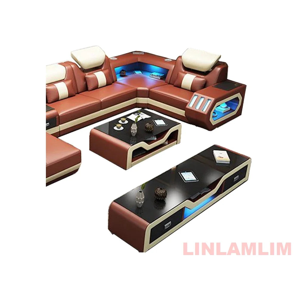 Modern LED Lighted Sofa Set with Recliner, Adjustable Headrest & Console | Luxury Leather Sectional Couch | Futuristic Furniture - Clikcy