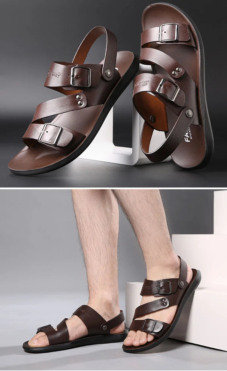 Simple Men's Sandals Solid Color PU Leather Men's Summer Shoes Casual Comfortable Open Toe Sandals Soft Beach Shoes Men's Sandal - Clikcy
