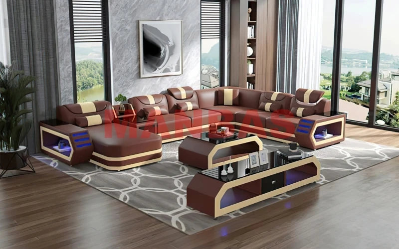 MANBAS Italian Genuine Leather Sectional Sofa with LED Lights | Futuristic Furniture U Shape Couch Living Room Big Sofas Set - Clikcy