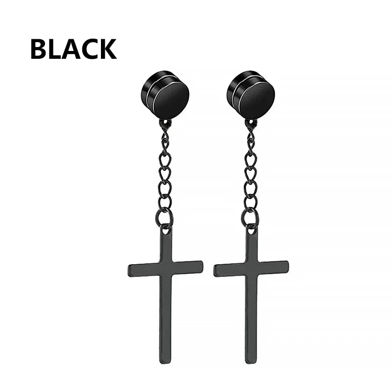 2pc Stainless Steel Men Cross Stars Punk Dangle Earrings Gothic Woman Cross Ear Hoop Earrings Huggies Pendant Piercing Jewelry - Clikcy
