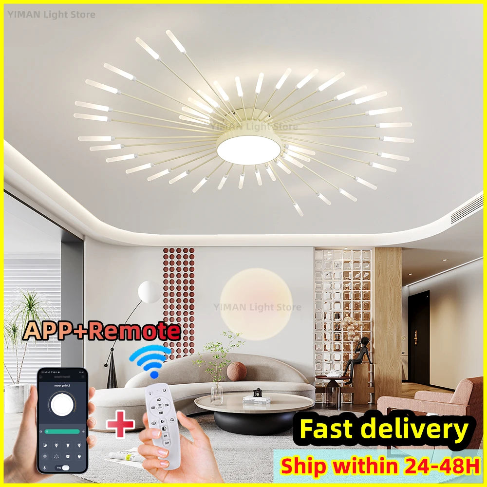 Led Firework Chandelier Dimmable For Living Room Bedroom Milk Yellow Ceiling Chandelier Dining Room LED Ceiling Lamp With Remote - Clikcy