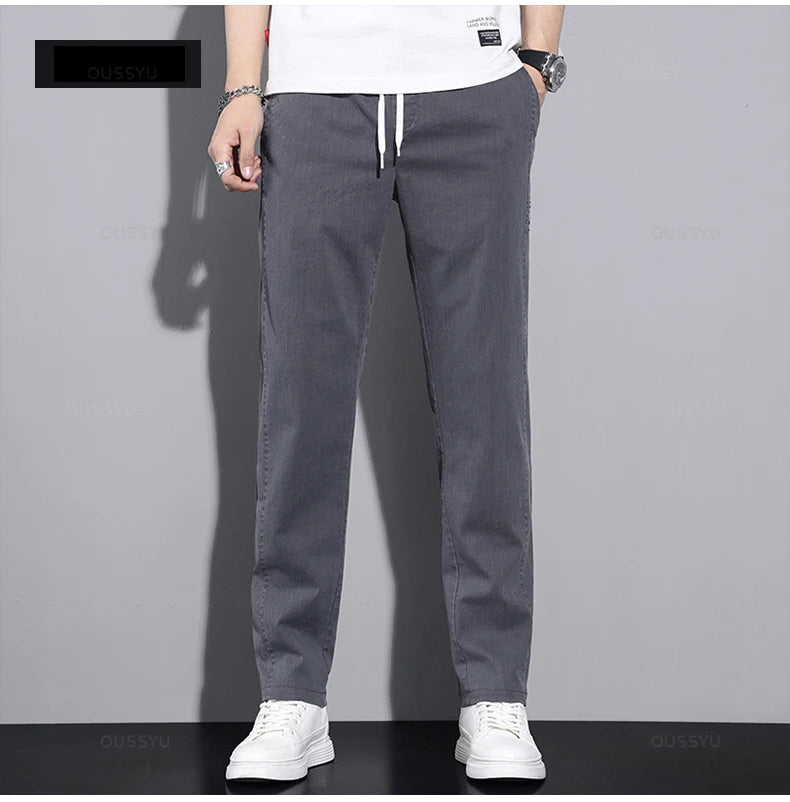 New Spring Summer Cotton Men's Casual Pants Classic Drawstring Elastic Waist Thin Stretch Blue Jogging Work Cargo Trousers Male - Clikcy