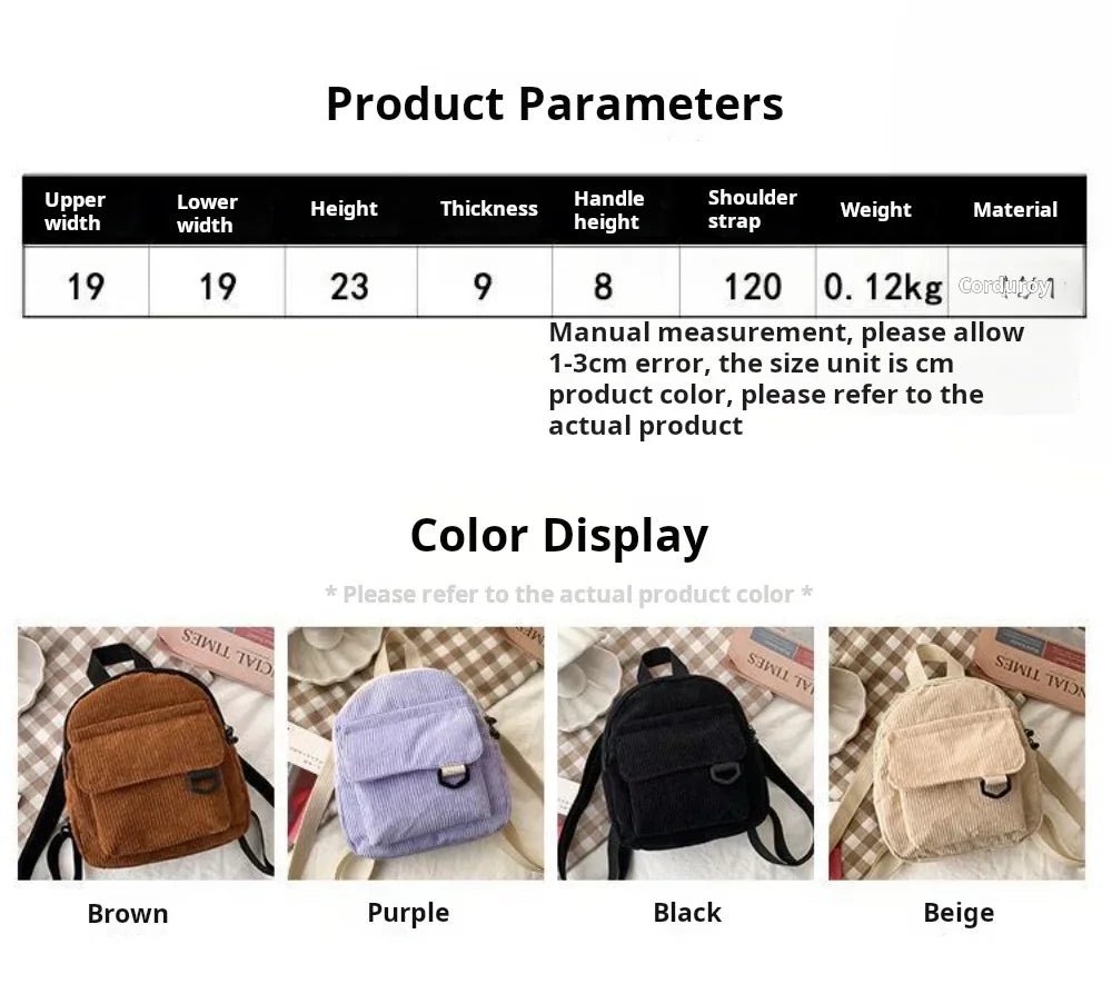 Women's Mini Backpack Fashion Solid Color Corduroy Small Simple Casual Traveling Large Capacity Durable Female's Schoolbag - Clikcy