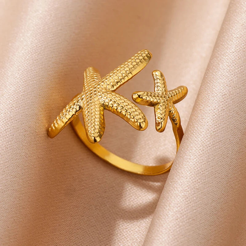 Ocean Starfish Shell Open Rings For Women Gold Color Stainless Steel Ring Summer Beach Aesthetic Waterproof Jewelry Gift - Clikcy
