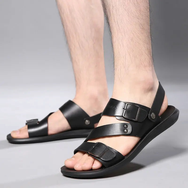 Simple Men's Sandals Solid Color PU Leather Men's Summer Shoes Casual Comfortable Open Toe Sandals Soft Beach Shoes Men's Sandal - Clikcy