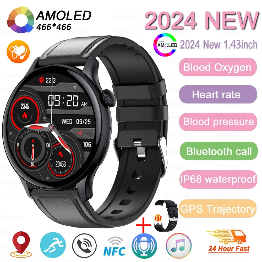 2024 New GPS Smart Watch Women True AMOLED 466*466 HD Screen Health Tracker Sports NFC Voice Bluetooth Call Smartwatches Ladies