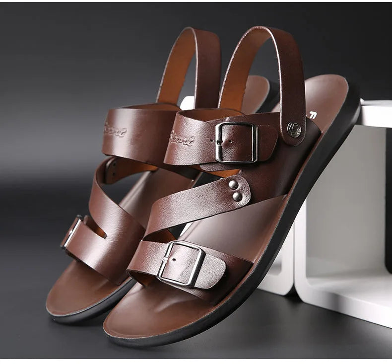 Simple Men's Sandals Solid Color PU Leather Men's Summer Shoes Casual Comfortable Open Toe Sandals Soft Beach Shoes Men's Sandal - Clikcy