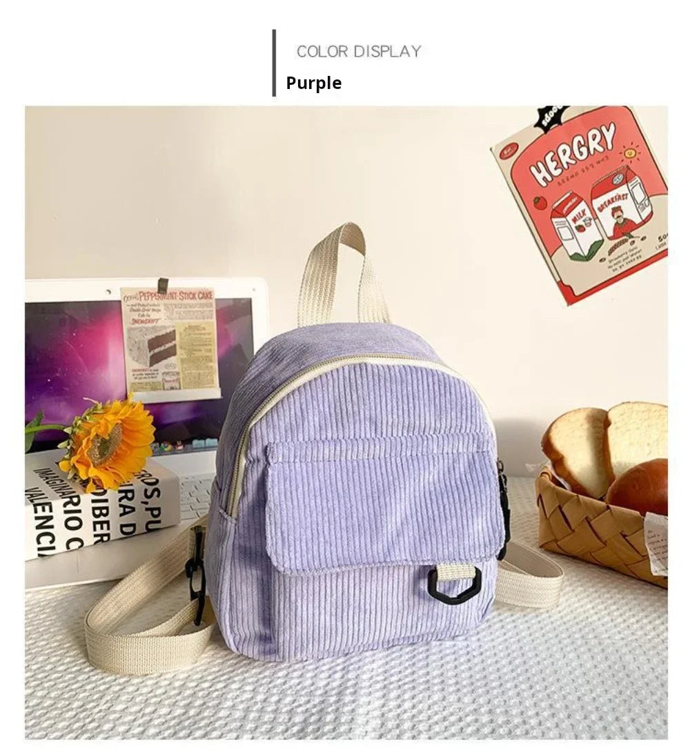 Women's Mini Backpack Fashion Solid Color Corduroy Small Simple Casual Traveling Large Capacity Durable Female's Schoolbag - Clikcy