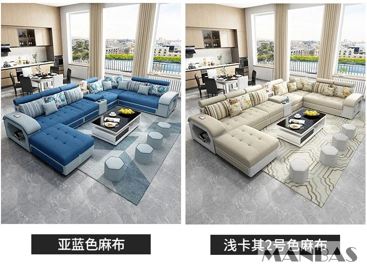Linlamim Fabric Sofa Set Furniture Living Room Sofa Set with USB and Stools / Big U Shape Cloth Couch Sofas for Home Furniture
