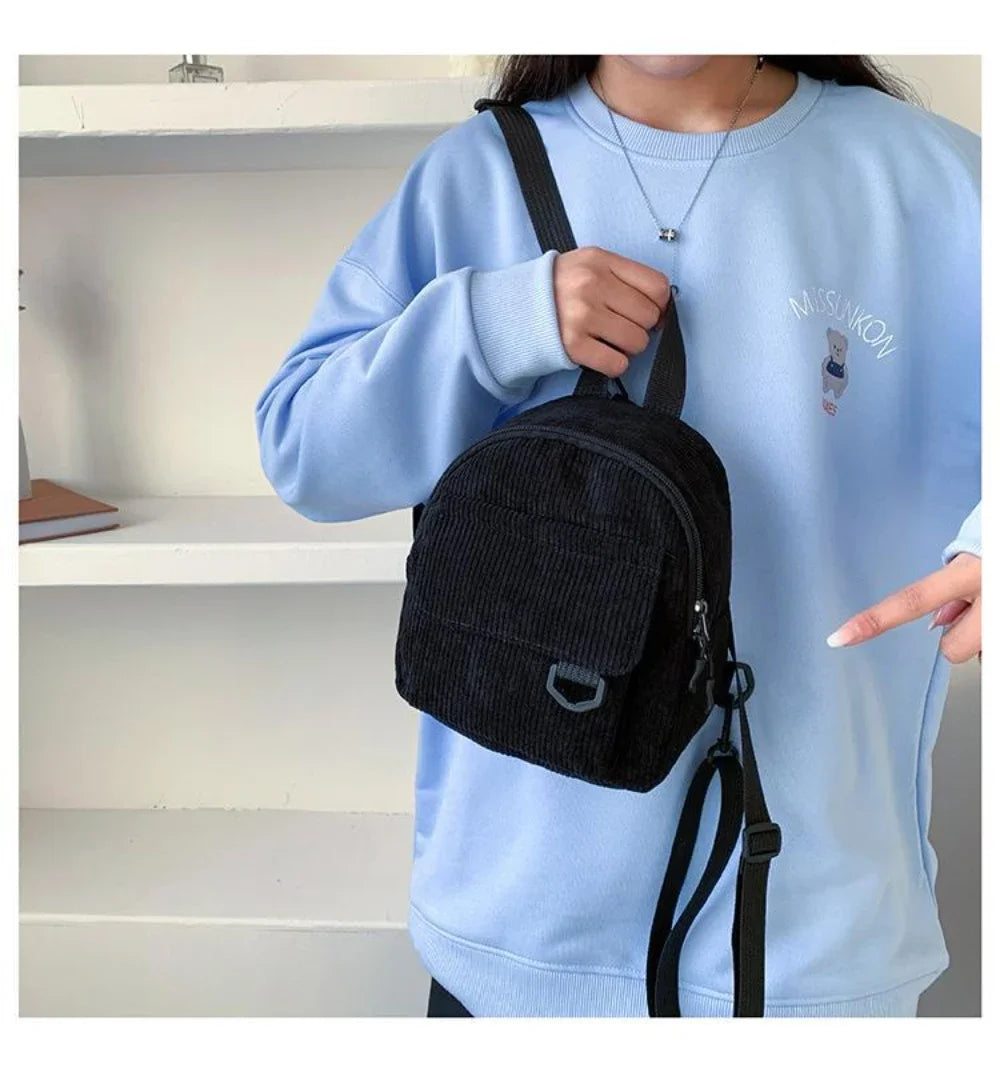 Women's Mini Backpack Fashion Solid Color Corduroy Small Simple Casual Traveling Large Capacity Durable Female's Schoolbag - Clikcy