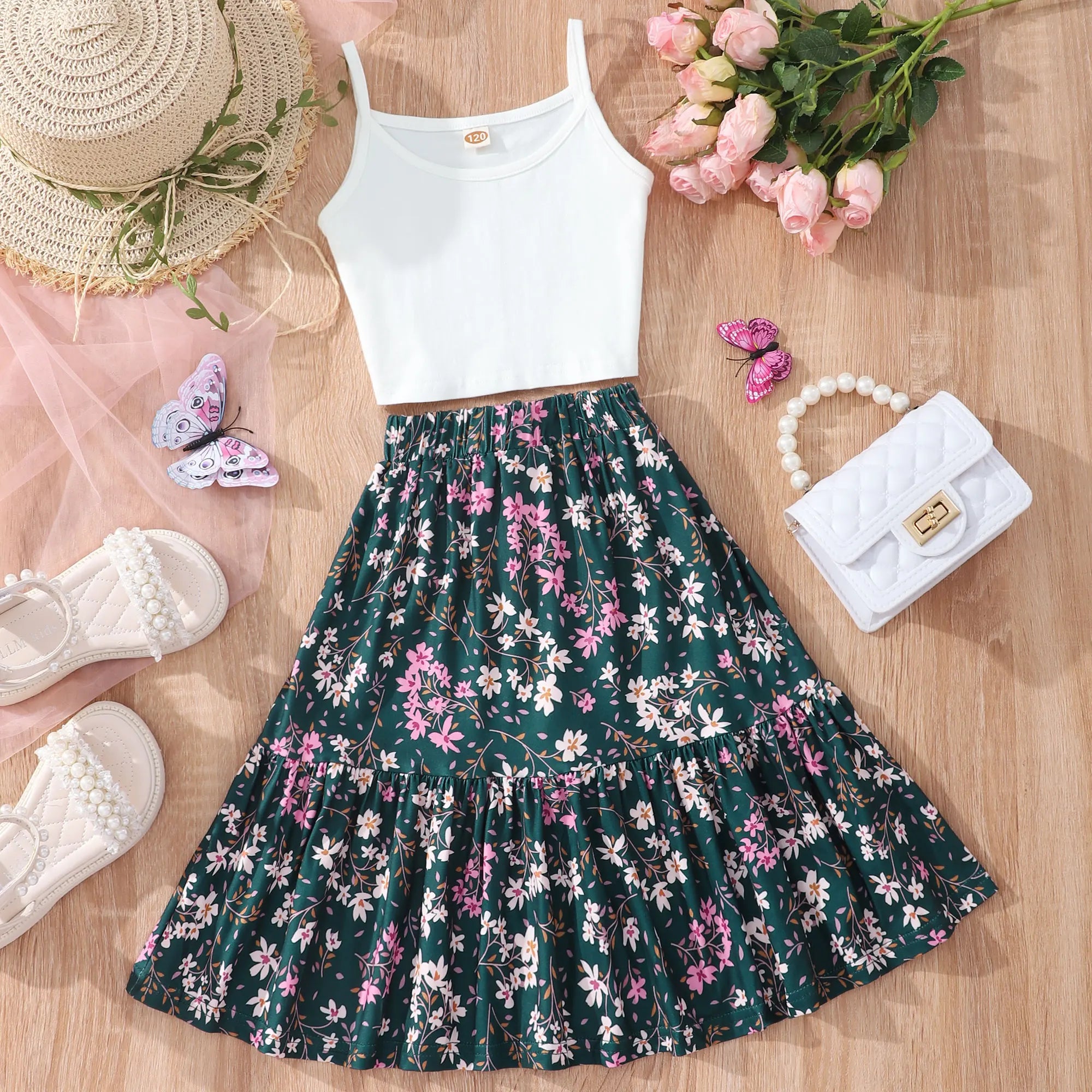 2pcs Girls Crop Cami Tops & Flowers Graphic Ruffled Hem Skirt Set Kids Summer Clothes - Clikcy